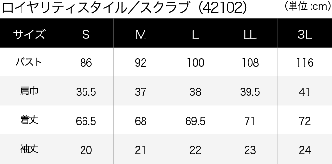 ロイヤリティスタイル／スクラブ(42102) サイズ表（PC）