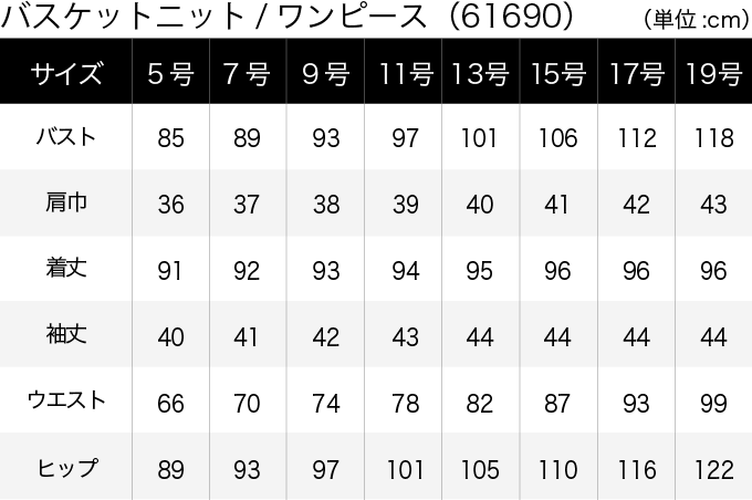 バスケットニット／ワンピース(61690) サイズ表（PC）