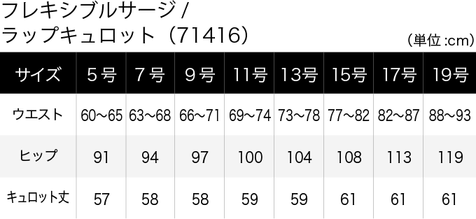 フレキシブルサージ／ラップキュロット(71416) サイズ表（PC）