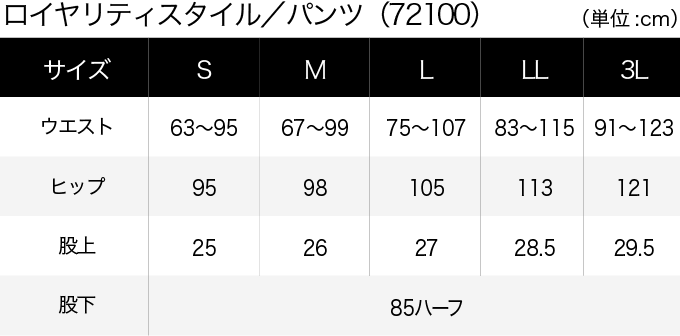 ロイヤリティスタイル／パンツ(72100) サイズ表（PC）